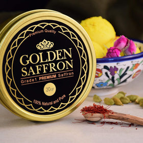 Golden Saffron lab-tested non-GMO badge indicating quality