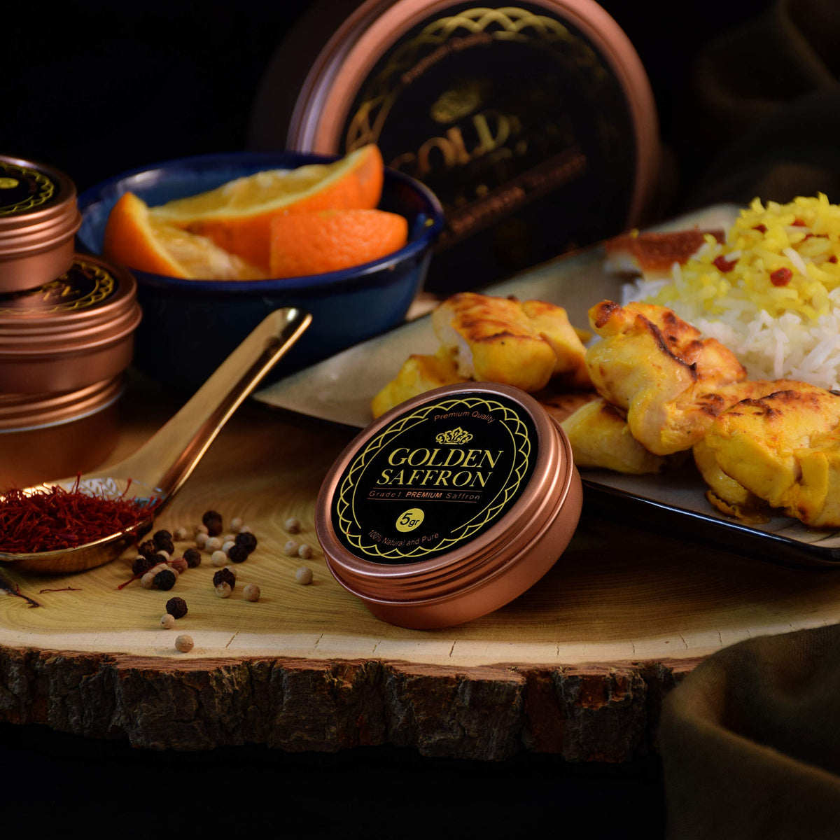 Golden Saffron non-GMO verification tin label highlighting quality.