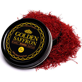 Golden Saffron packaging closeup showing premium quality and freshness preservation.
