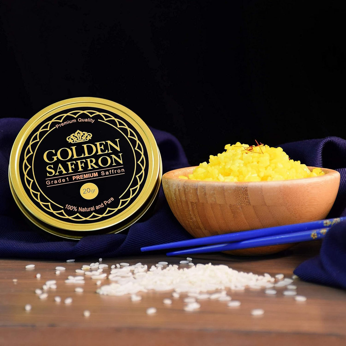 Golden Saffron open tin view showing fresh threads