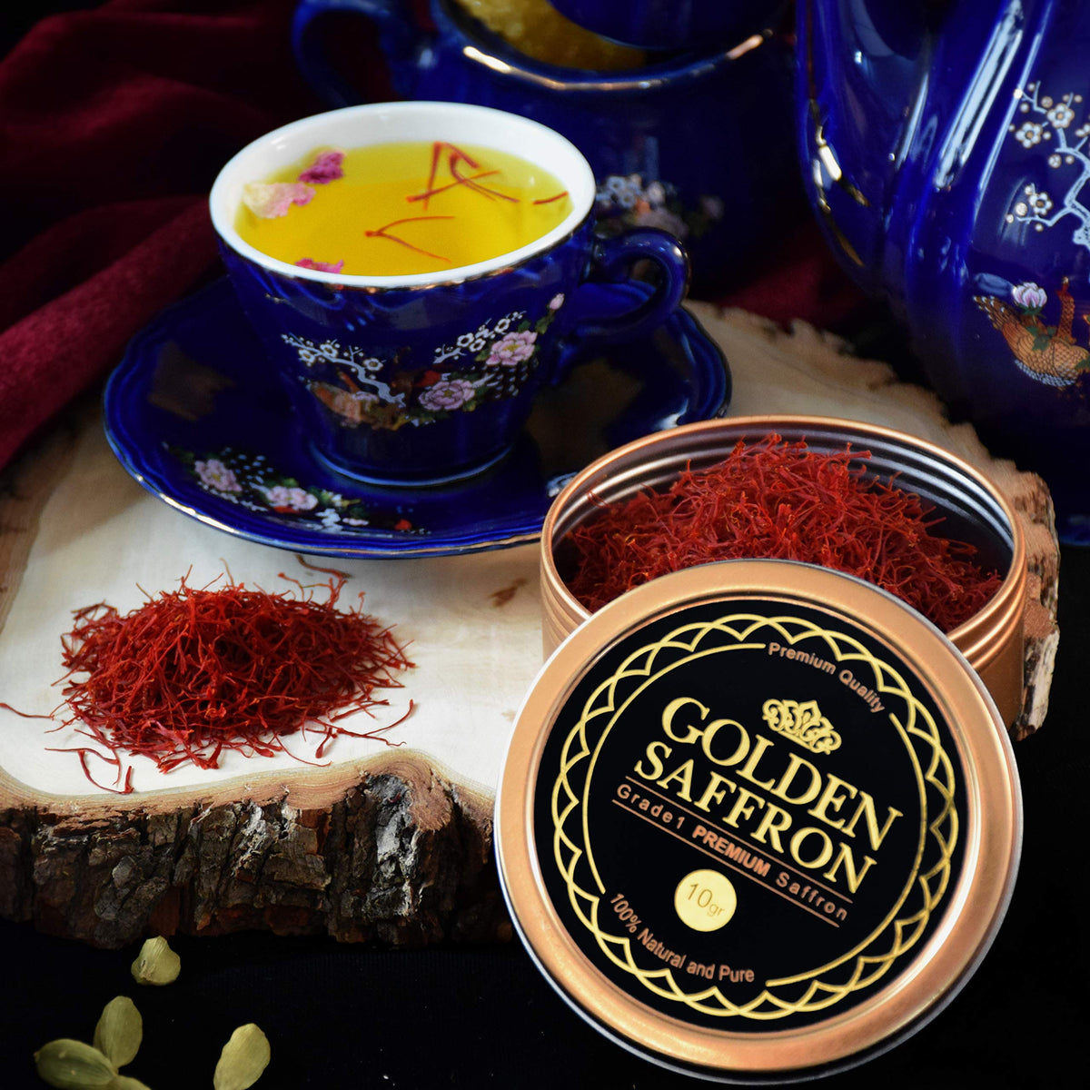 Golden Saffron paella dish displaying vibrant saffron color and depth.