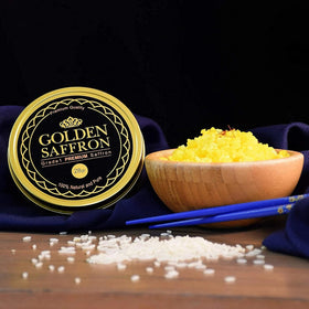 Golden Saffron paella dish colored by saffron threads.