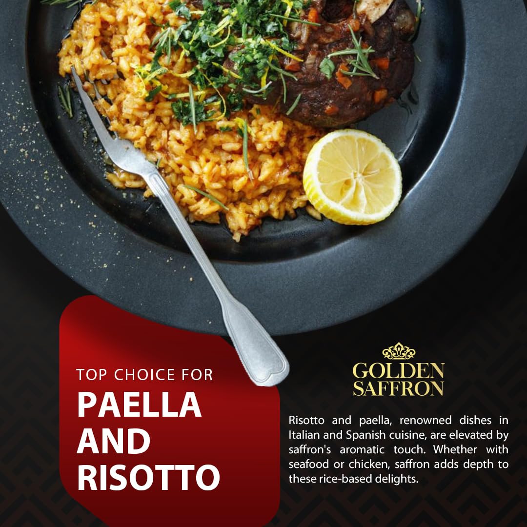 Golden Saffron paella preparation image illustrating saffron's rich flavor enhancement.