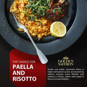 Golden Saffron paella preparation image illustrating saffron's rich flavor enhancement.