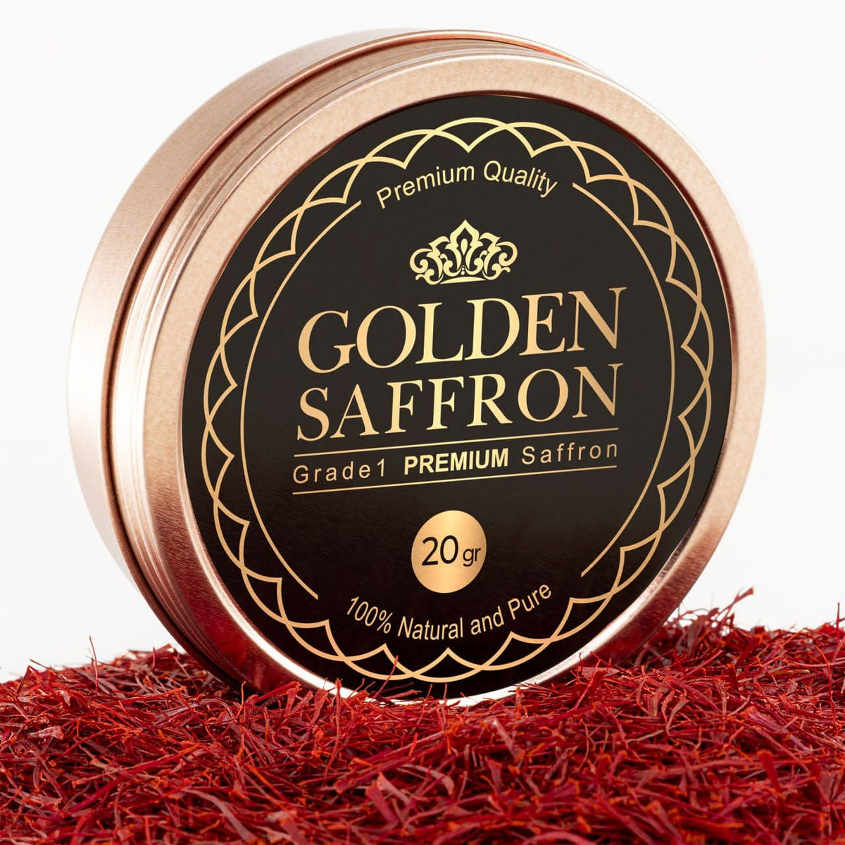 Golden Saffron pure red threads in tin close-up for vibrant color