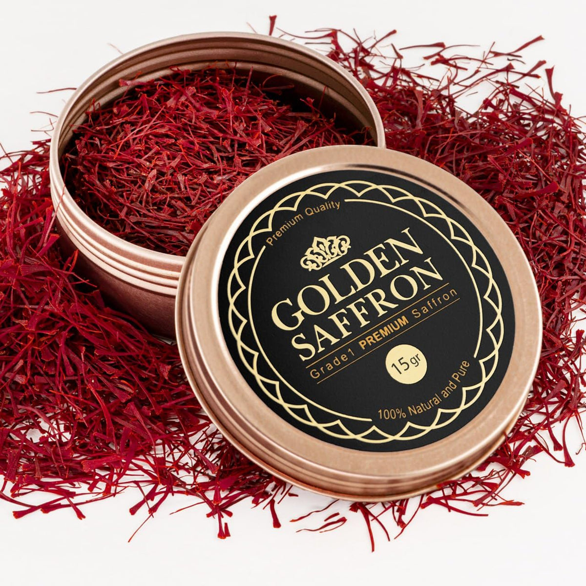 Golden Saffron saffron threads in a tin packaging preserve freshness and flavor.