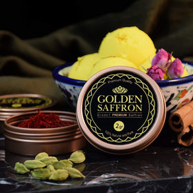 Golden Saffron tin packaging closeup emphasizes freshness and authentic saffron quality