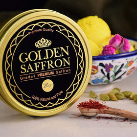 Golden Saffron packaging front showcases pure saffron with no additives.