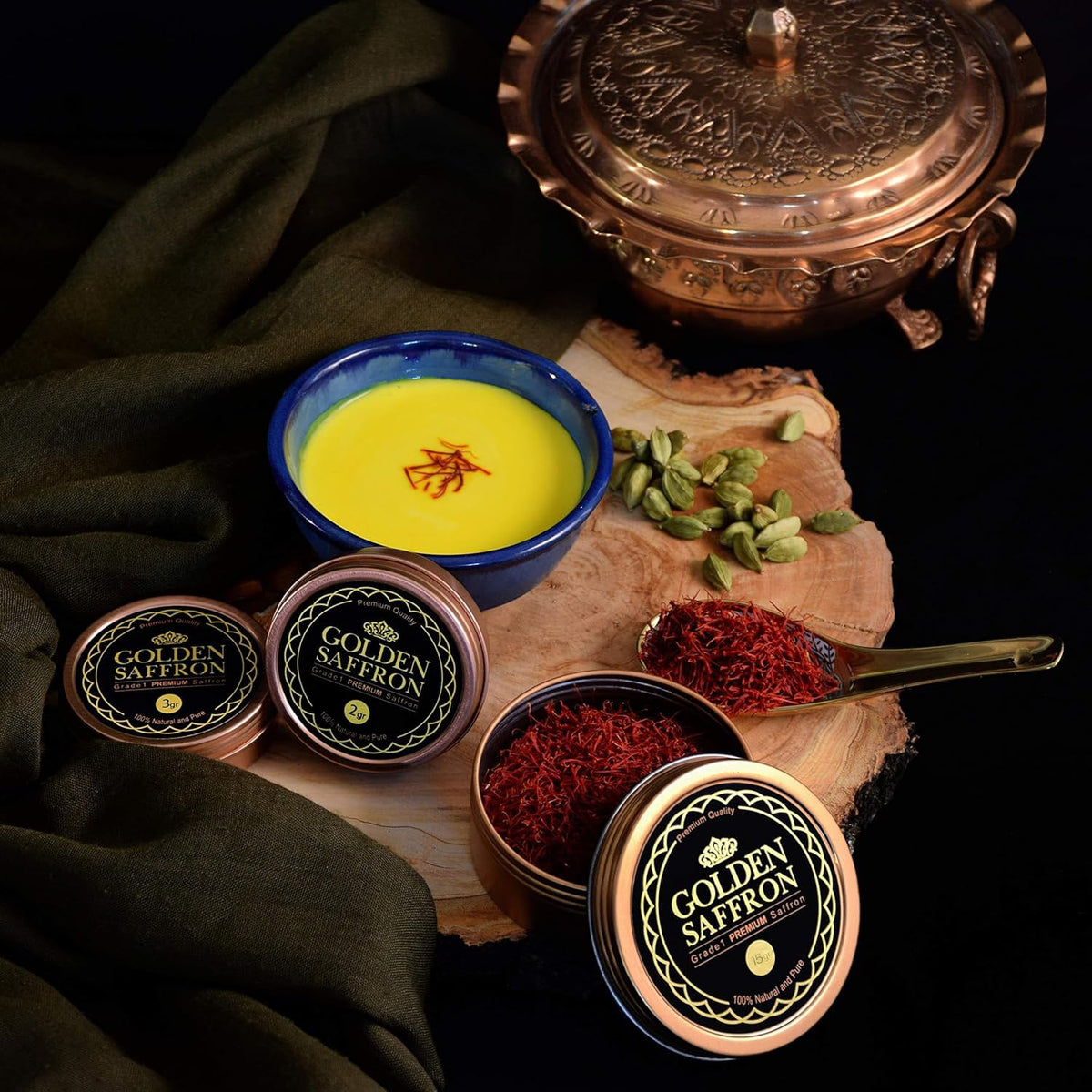 Golden Saffron tin storage protects freshness and shelf life.
