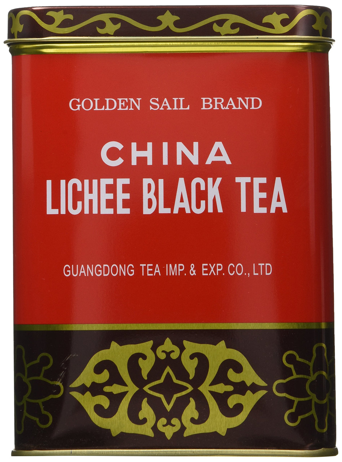 Golden Sail Brand China Lichee Black Tea tin packaging enables convenient loose-leaf brewing.