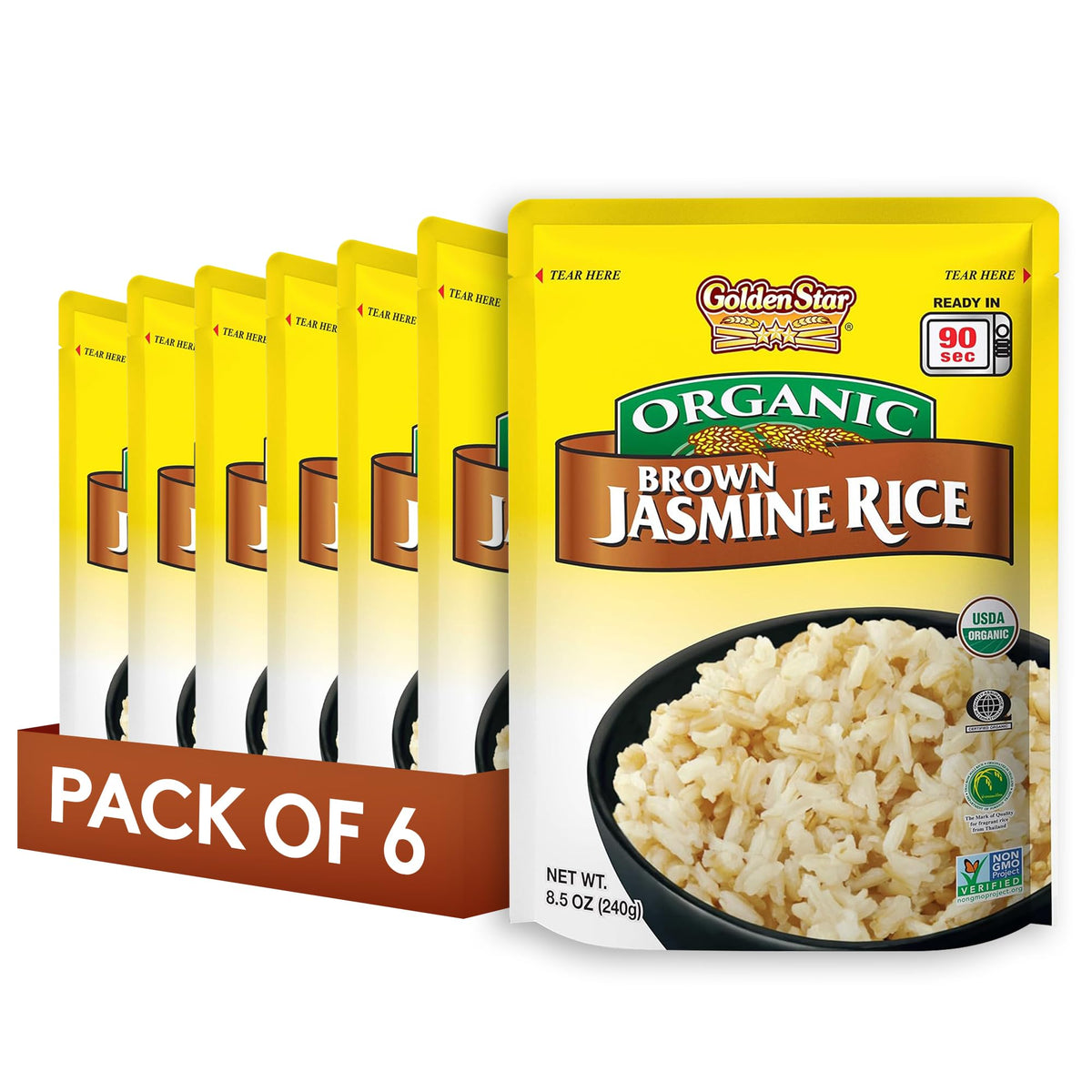 Golden Star organic Thai Hom Mali brown rice pack-6 for quick meals.