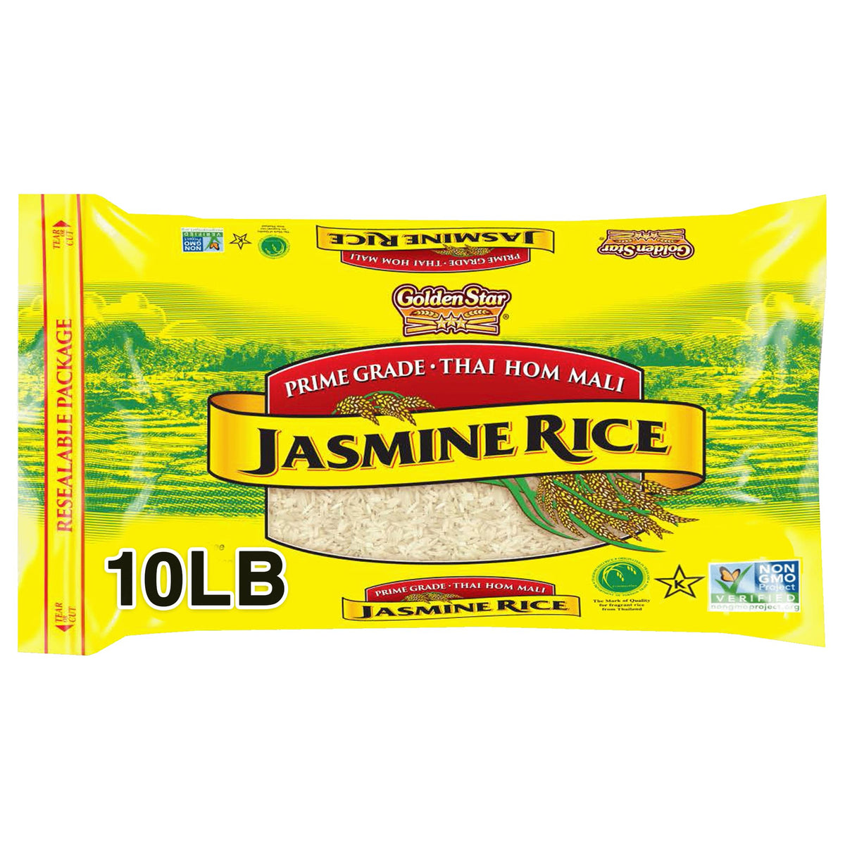Golden Star Thai Hom Mali white rice bag for everyday family meals.