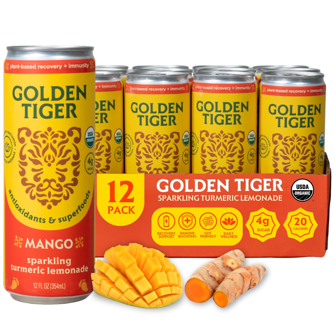 Golden Tiger bottle pour of turmeric sparkling lemonade mango, ideal post-workout refreshment