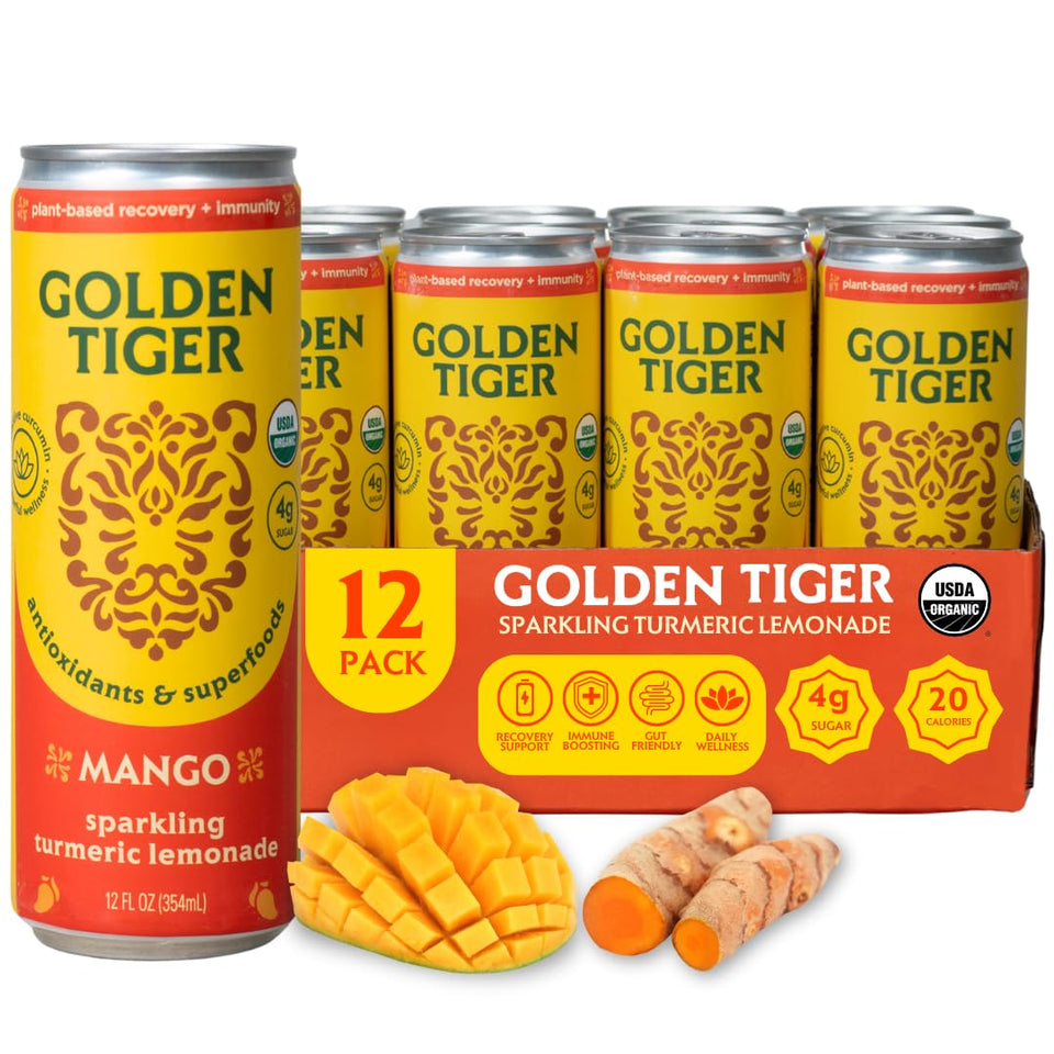 Golden Tiger bottle pour of turmeric sparkling lemonade mango, ideal post-workout refreshment