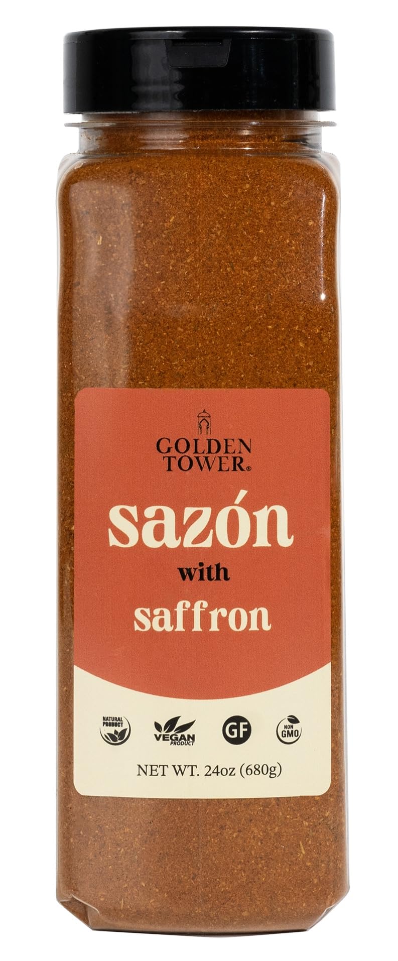 Golden Tower Sazon with Saffron bottle-pour showcases vibrant color and aroma.