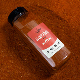 Golden Tower Sazon with Saffron ingredients-table showcases all-natural, non-GMO spices.