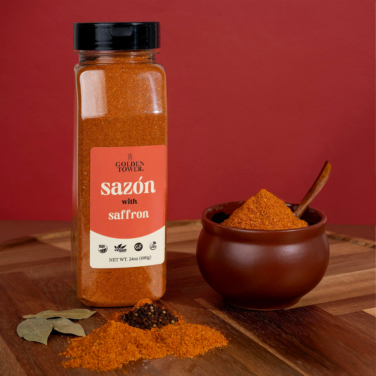 Golden Tower Sazon with Saffron jar-lid highlights gluten-free and no-MSG features.