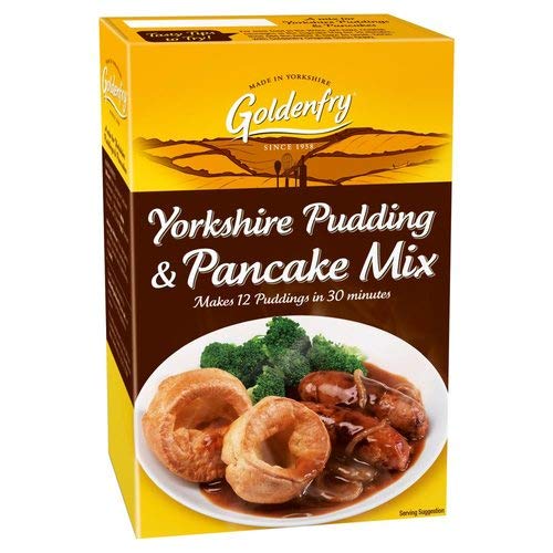 Goldenfry Yorkshire Pudding Mix box front shows quick batter for easy, delicious puddings
