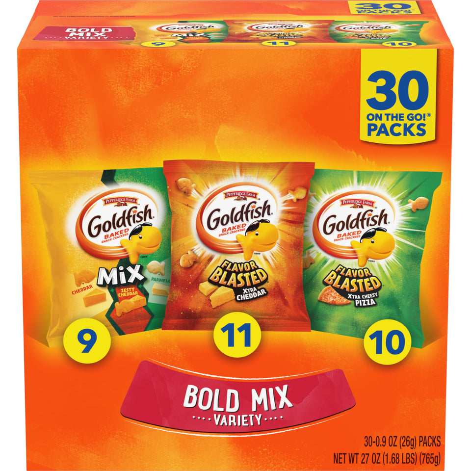 Goldfish Bold Mix Variety Pack packshot with 30 single-serve portions for on-the-go snacking