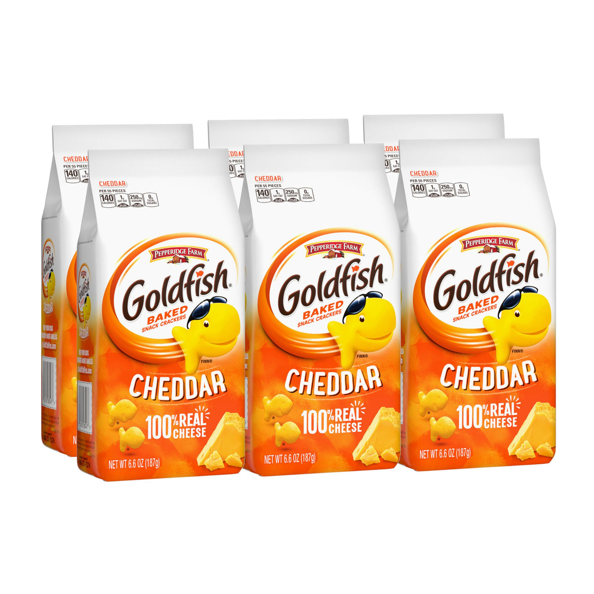 Goldfish Cheddar crackers bag closeup for a baked cheesy snack.