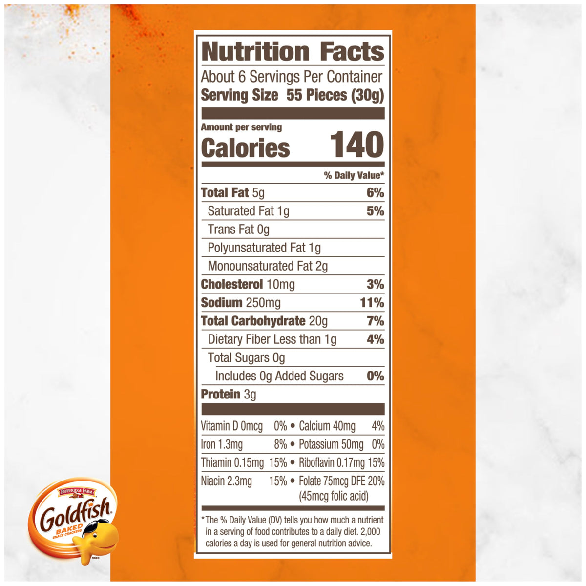 Goldfish Cheddar crackers box six-count on kitchen counter, convenient family treat.