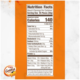 Goldfish Cheddar crackers box six-count on kitchen counter, convenient family treat.