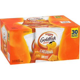Goldfish Cheddar Crackers real cheese visual featuring brand packaging.
