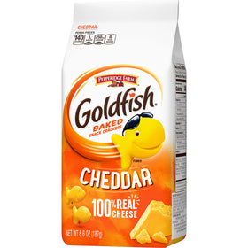 Goldfish Cheddar crackers shelf display showcasing convenient snacking.