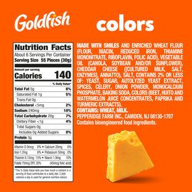 Goldfish Colors Cheddar Crackers bag with 6-pack showcases baked cheddar flavor