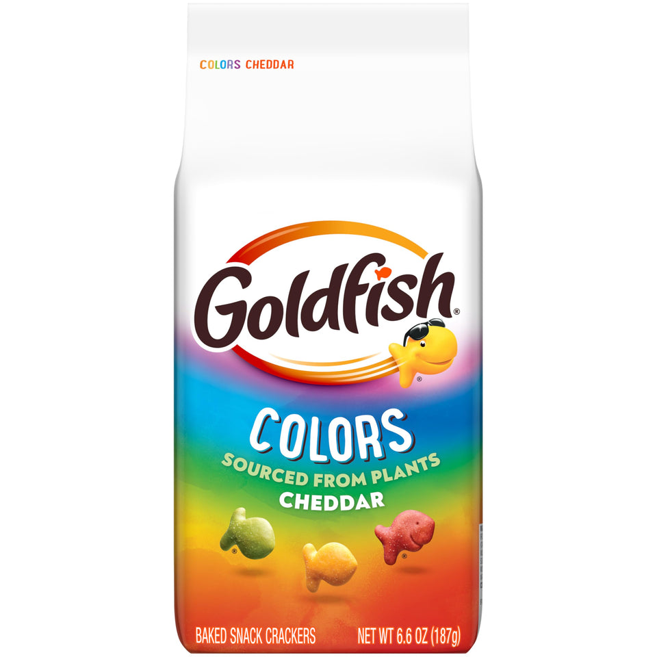 Goldfish Colors Cheddar Crackers pack shot highlights vibrant colors and on-the-go snacking