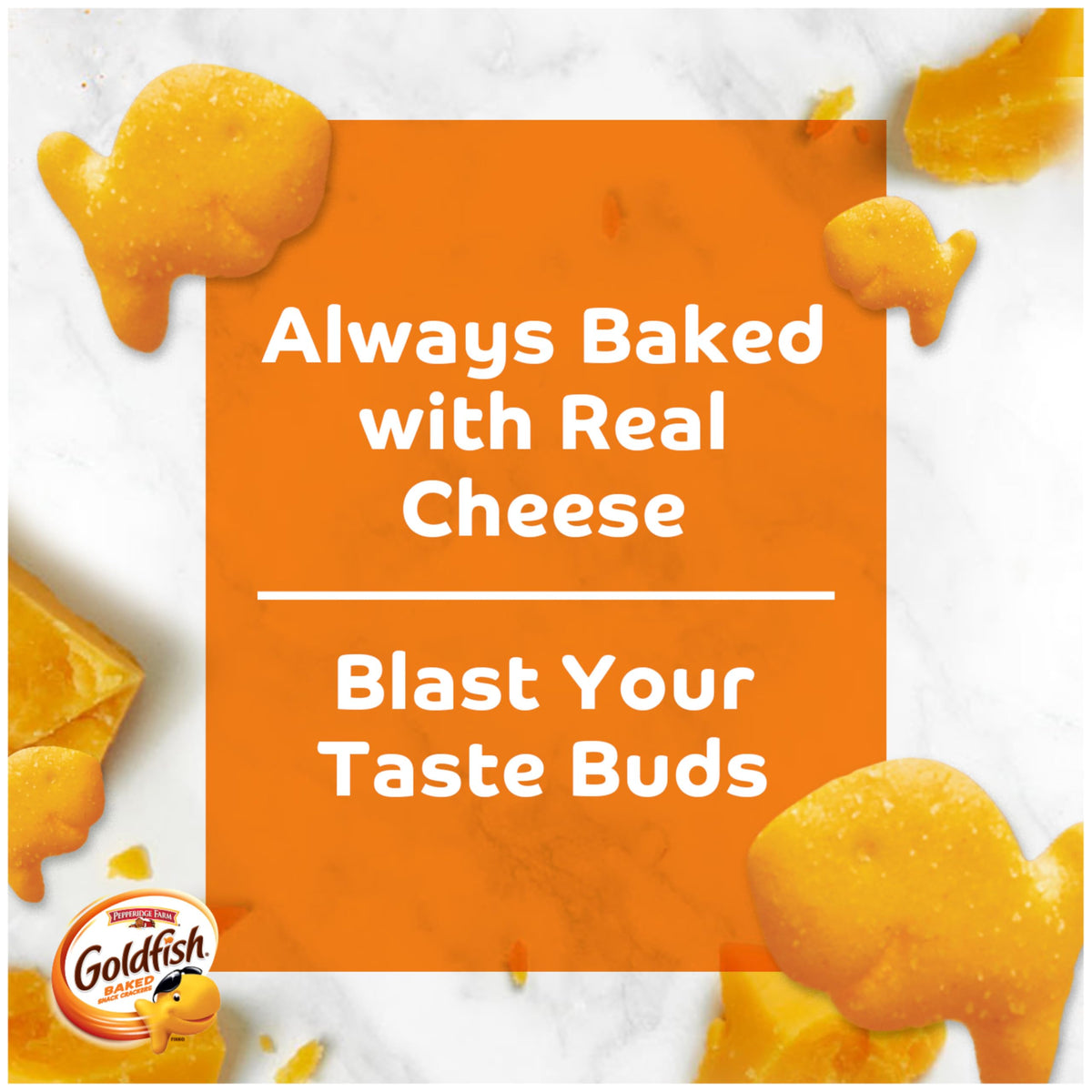 Goldfish Flavor Blasted Xtra Cheesy Pizza crackers close-up with savory notes
