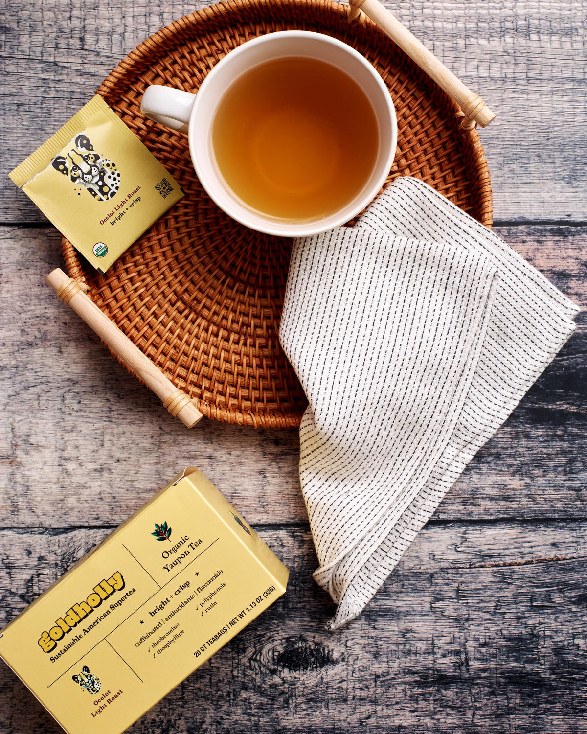 Aroma rising from Goldholly yaupon tea captures inviting herbal hints