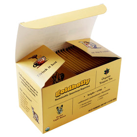 Close-up of Goldholly yaupon tea bags emphasizes smooth, low-tannin brew
