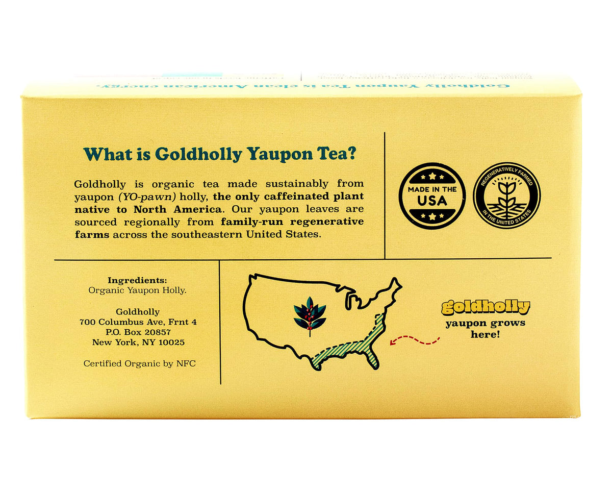 Goldholly yaupon tea bags beside a steaming cup highlight crisp aroma and flavor