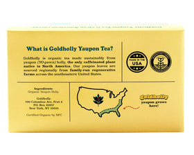 Goldholly yaupon tea bags beside a steaming cup highlight crisp aroma and flavor