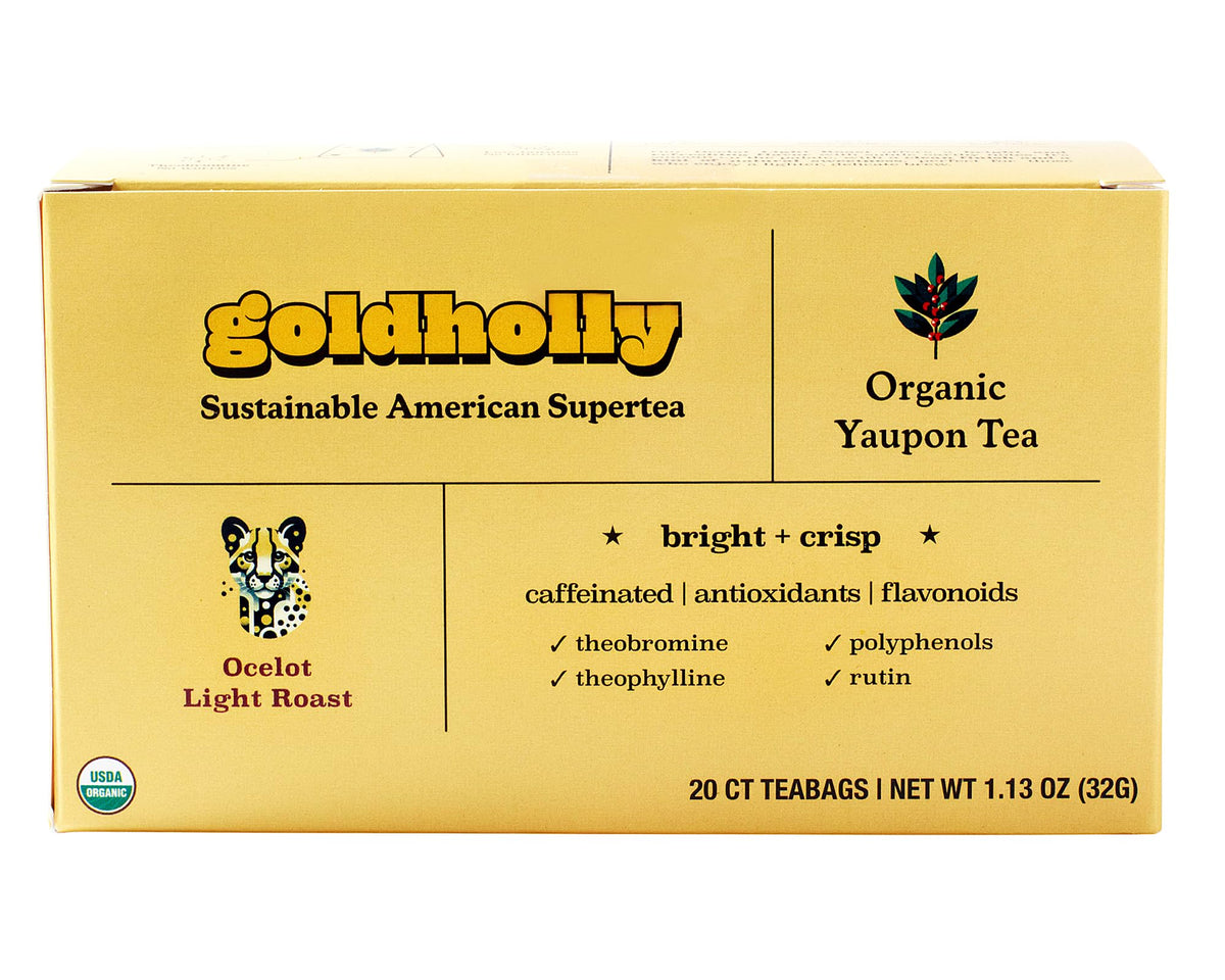 Goldholly yaupon tea bags in a pack with Ocelot Light Roast for smooth energy