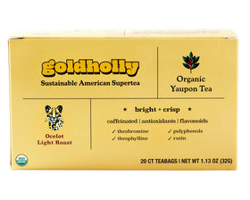 Goldholly yaupon tea bags in a pack with Ocelot Light Roast for smooth energy