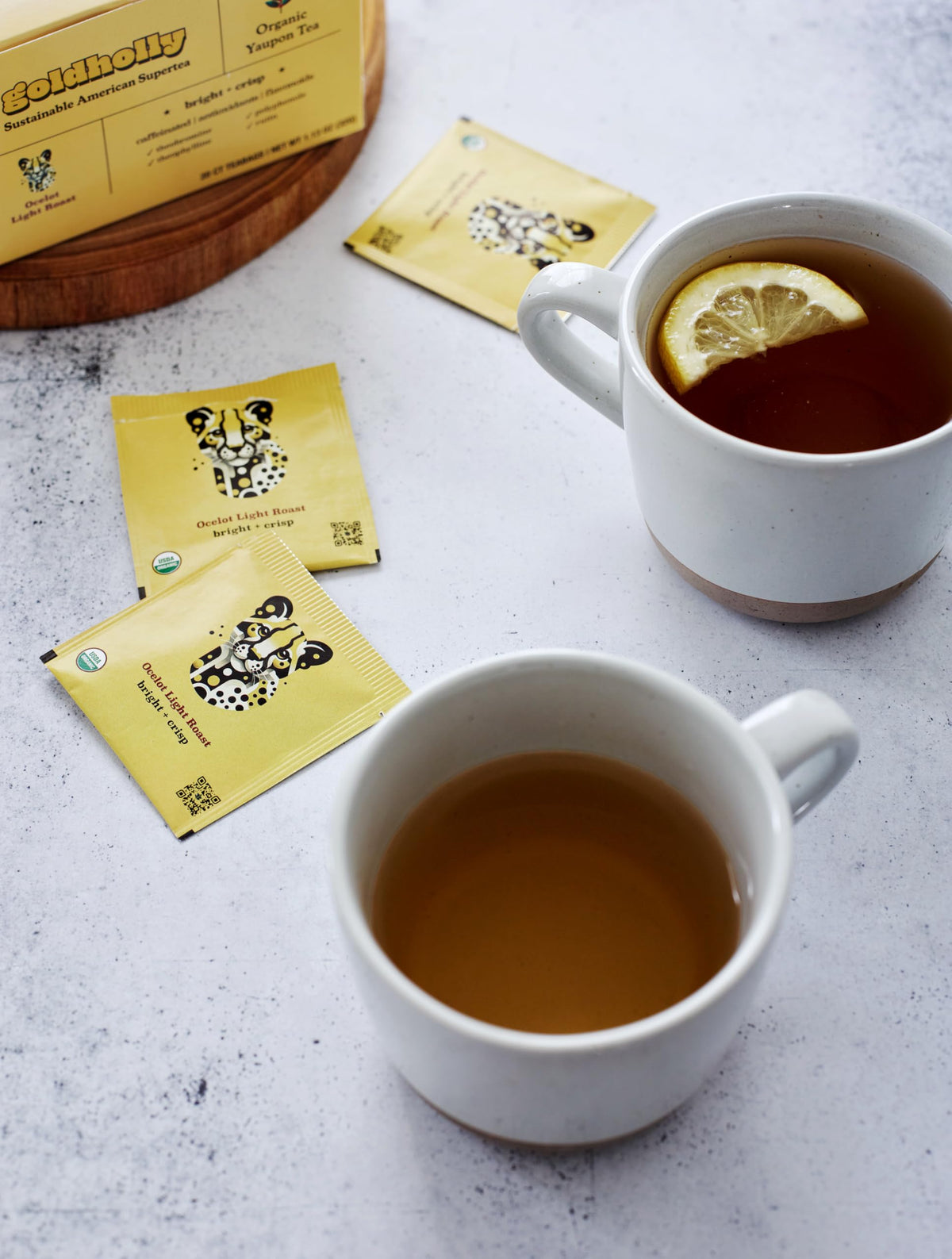 Pouring warm Goldholly yaupon tea bag infusion creates a comforting ritual