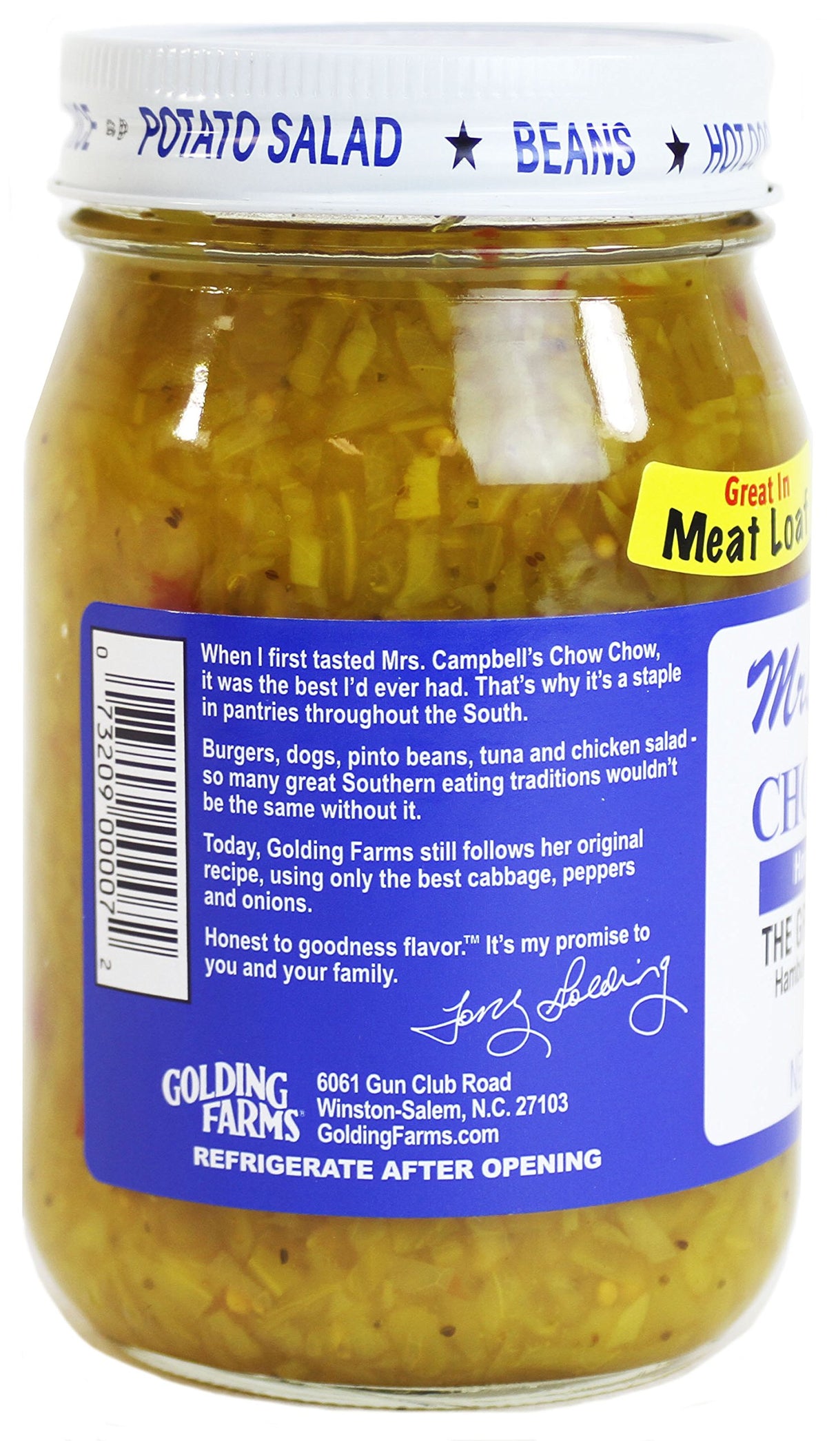 GOLDING FARMS Mrs. Campbell's Chow Chow jar on a pantry shelf for gatherings.