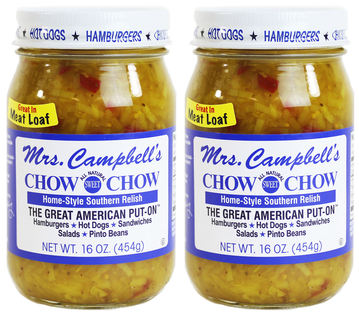 GOLDING FARMS Mrs. Campbell's Chow Chow jar closeup showing natural texture and hot dog pairing.