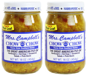 GOLDING FARMS Mrs. Campbell's Chow Chow jar closeup showing natural texture and hot dog pairing.