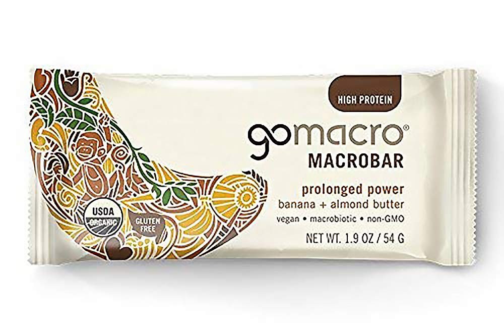 GoMacro MacroBar banana-almond-butter bar close-up showing creamy texture.