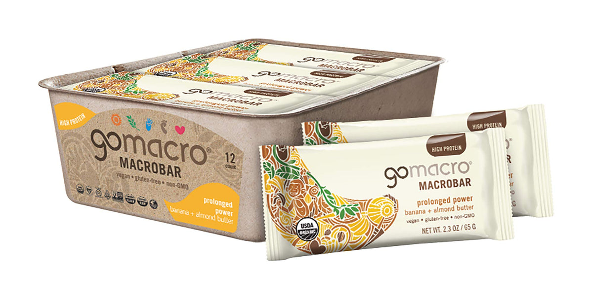 GoMacro MacroBar banana-almond-butter bar on pack for plant-based energy.