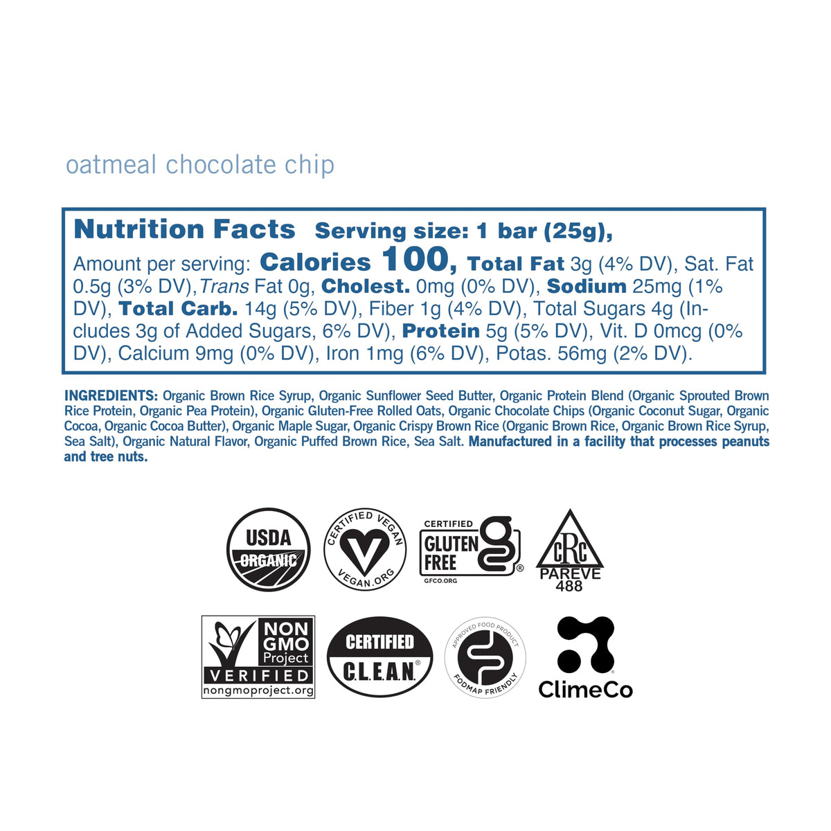 Nutrition and certification labels on MacroBar Mini—organic, vegan, kosher, and clean ingredients.