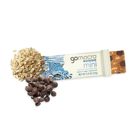 Close-up of MacroBar Mini bar with oats and chocolate chips—gluten-free, protein-rich bite.