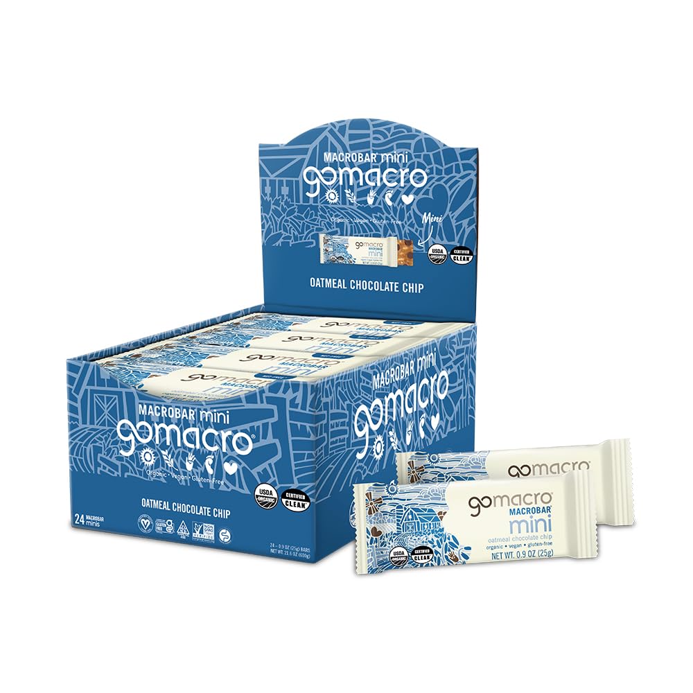 GoMacro MacroBar Mini Oatmeal Chocolate Chip packaging—nut-free, vegan snack for on-the-go energy.