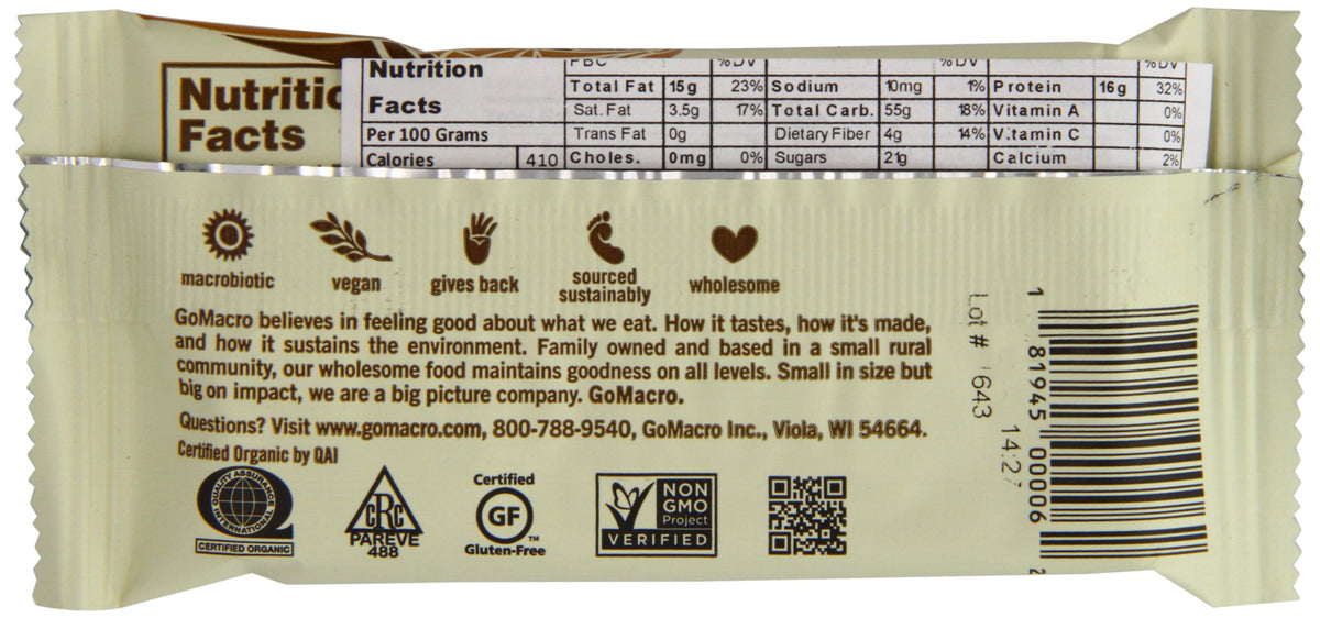 GoMacro MacroBar Organic Peanut Butter Chocolate Chip pack ready for clean, dairy-free snacking