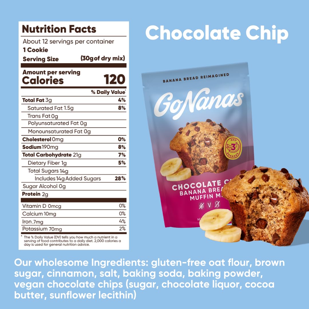 GoNanas banana bread mix close-up shows chocolate chips for indulgent flavor.