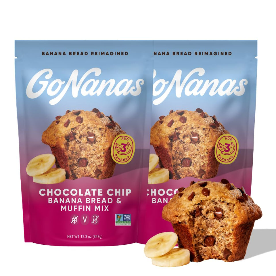 GoNanas packaging highlights vegan-friendly, gluten-free banana bread mix.