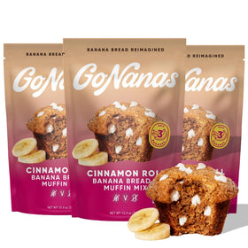 GoNanas Cinnamon Roll Banana Bread Mix package highlights vegan, gluten-free ingredients for family baking.